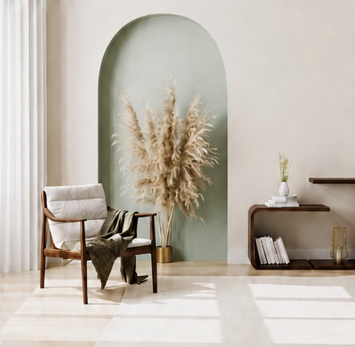 Carefully styled room with a painted feature arch