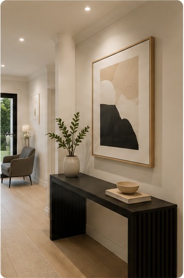 Bright hallway with fresh paint and artwork