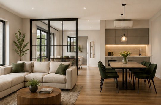Open living and dining room after a modern repaint
