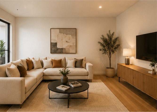 Warm modern living room with freshly painted walls