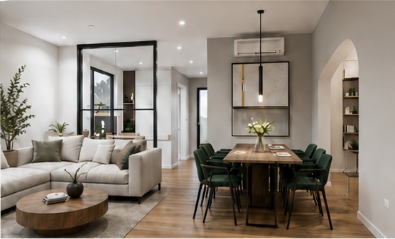 Open plan living and dining room with freshly painted walls